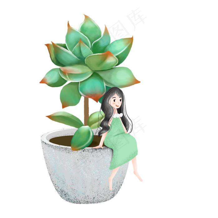 简约多肉下的女孩插画海报免抠元