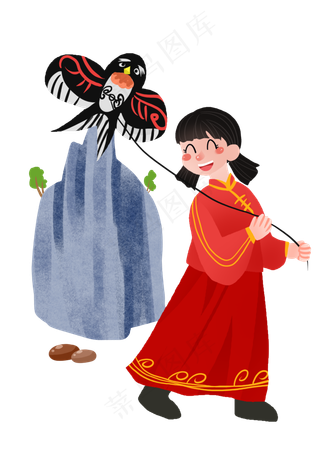 春分放风筝的小女孩,免抠元素