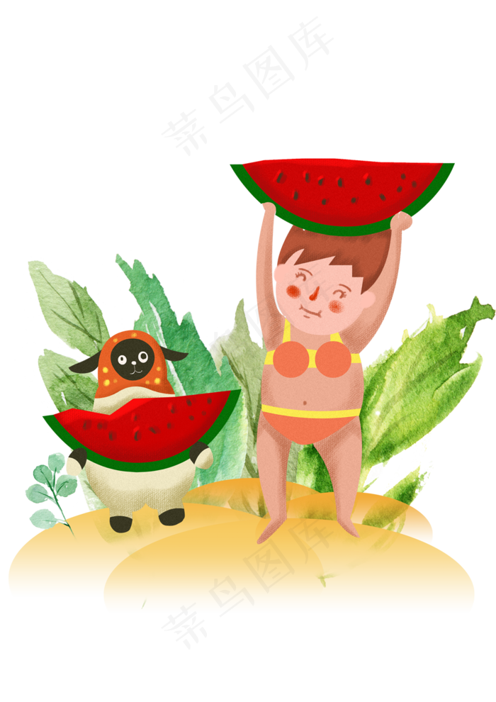 夏天沙滩吃西瓜的小女孩手绘
