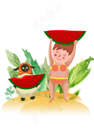 夏天沙滩吃西瓜的小女孩手绘