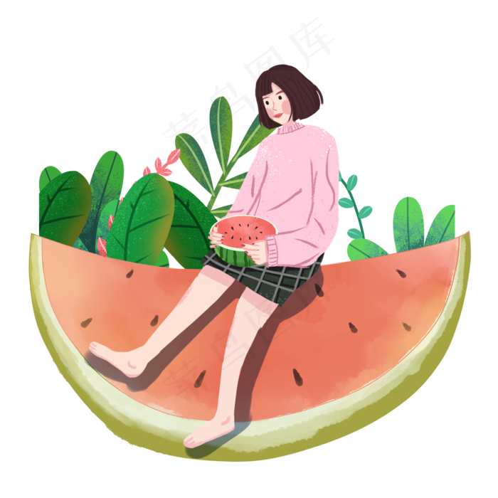 大暑穿着短裙女孩吃西瓜PNG素材