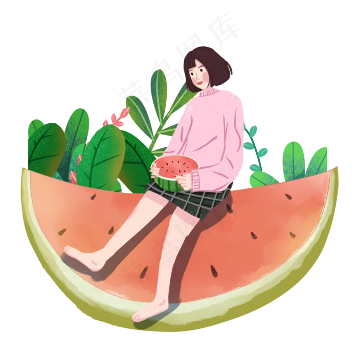 大暑穿着短裙女孩吃西瓜PNG素材(2000X2000(DPI:300))psd模版下载