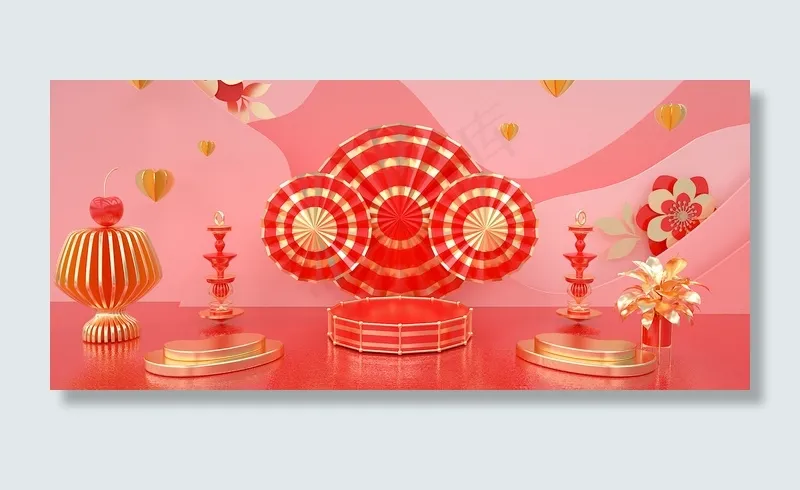 C4D立体剪纸花朵化妆品展示台