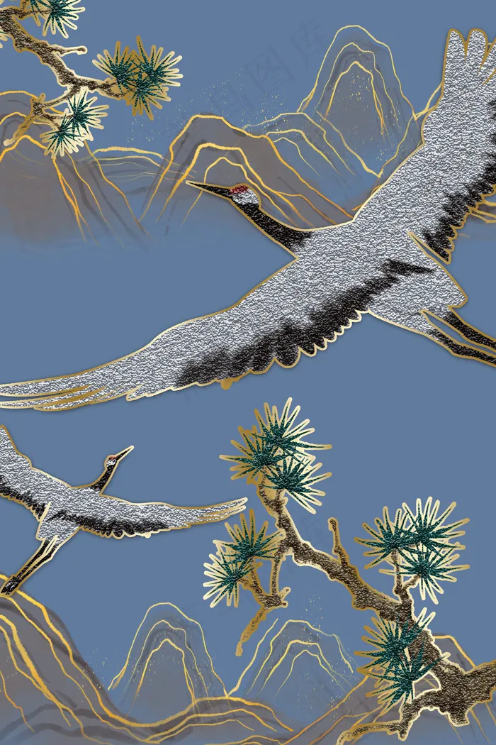珐琅彩仙鹤 松树蓝色新中式装饰画(800*3584px 300 dpi )psd模版下载