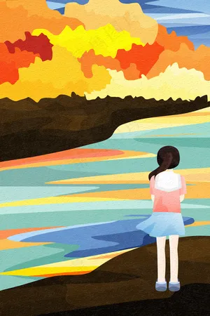 女孩站在岸边看对岸的树林