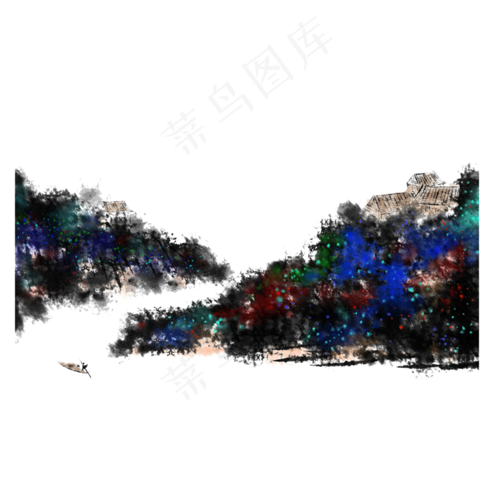 水墨山水国画远山江舟(3000X3000(DPI:300))psd模版下载