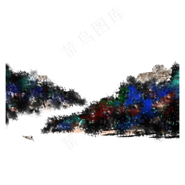 水墨山水国画远山江舟(3000X3000(DPI:300))psd模版下载