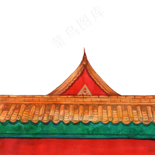 彩色手绘故宫红墙装饰画,免抠元素