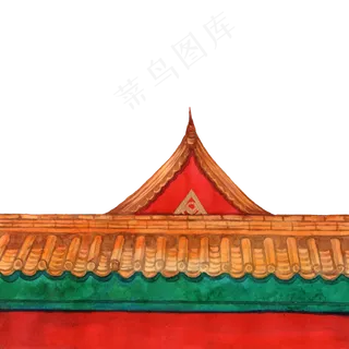 彩色手绘故宫红墙装饰画,免抠元素