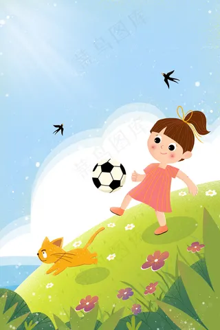 六一儿童节户外踢足球的女孩