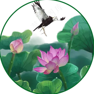 荷花夏季荷塘中国风花鸟风景装饰,免抠元素