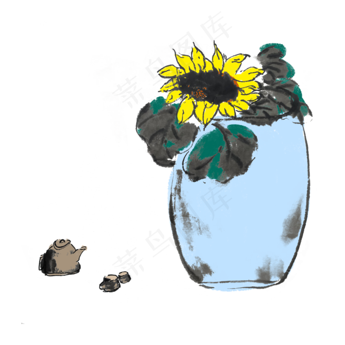 夏天水墨风向日葵手绘插画