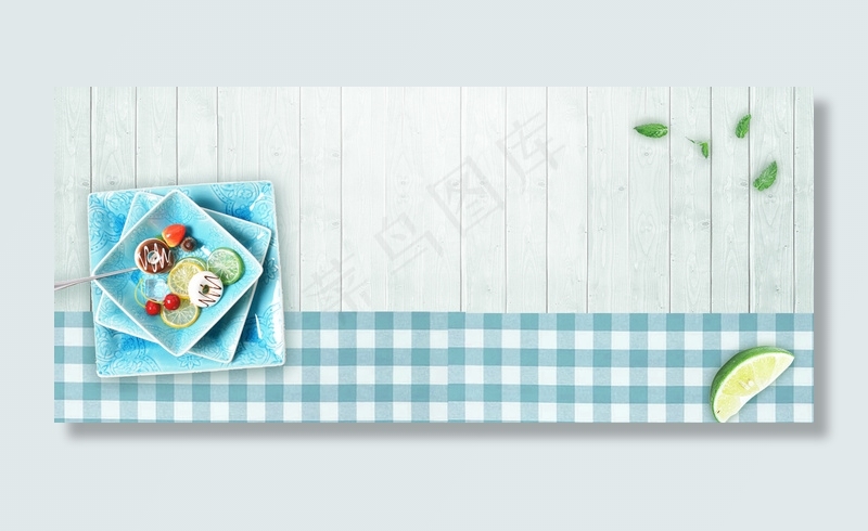 蓝色文艺清新美食木板banner背景