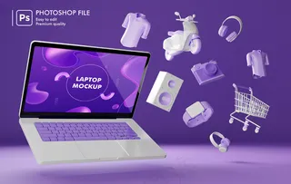 围绕笔记本电脑三维渲染的网上购物对象