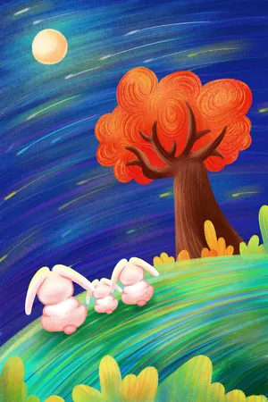 中秋节月圆满月圆月树草坪兔子家庭