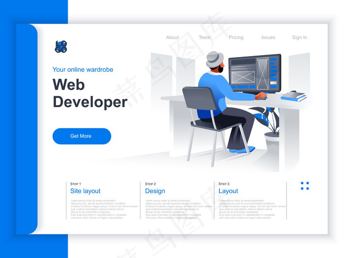 网页开发等轴测登录页。网页设计师在办公室使用电脑。用户界面，用户体验响应界面设计，网站原型设计和编程透视平面设计。