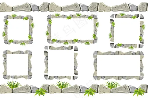 一套古老的灰色岩石边界，框架与草。