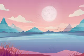 春夏美景、蔚蓝湖水、山峦日出卡通