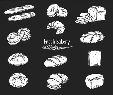 面包字形图标设置。黑麦、全麦面包、西巴塔面包、牛角面包、吐司面包、法式面包。