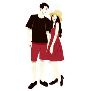 手绘矢量卡通情人节七夕节情侣