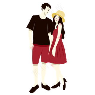 手绘矢量卡通情人节七夕节情侣