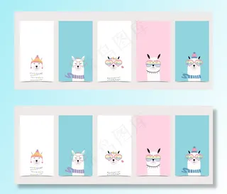 可爱的粉彩社会背景媒体集与美洲驼，羊驼的故事模板