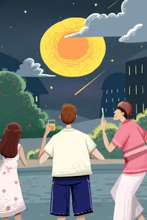 卡通手绘风夏景月夜景色配图