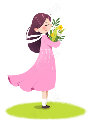 春天抱着花朵的女孩