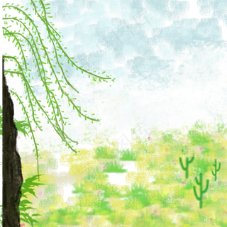 春天草地柳树柳条