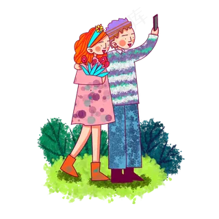 卡通风格春日情侣踏青出游