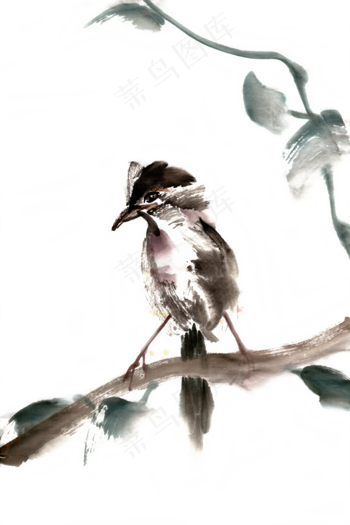 枝头小鸟水墨画PNG免抠素材(4724*7087px 300 dpi )psd模版下载