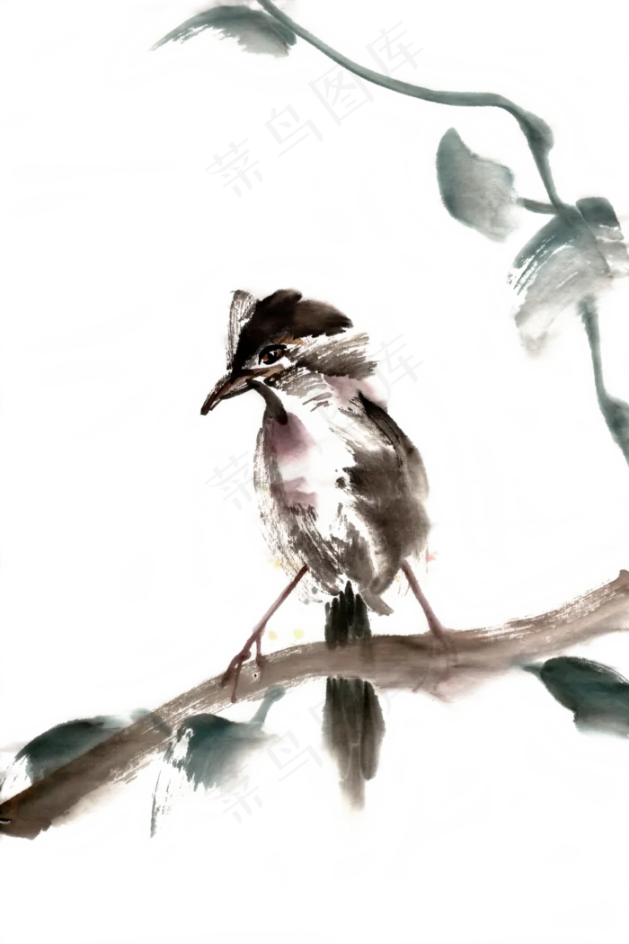 枝头小鸟水墨画PNG免抠素材(4724*7087px 300 dpi )psd模版下载