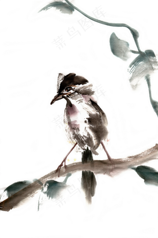 枝头小鸟水墨画PNG免抠素材