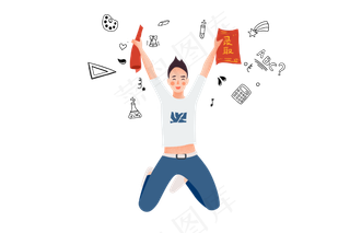 手绘卡通手持高考录取通知书男孩