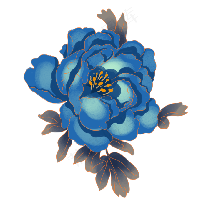 中秋节蓝白色金边牡丹花,免抠元素(2000*2000px 300 dpi )psd模版下载