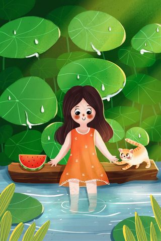 夏天景色女孩河边玩耍