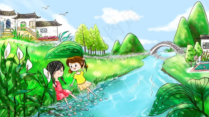 夏日小朋友小女孩小溪小边玩耍绿色小清新图(2880*1620px 300 dpi )psd模版下载