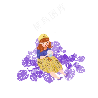 坐在草地上拿着杯子喝水的小女孩