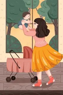 母亲节妈妈抱着孩子黄色系卡通可爱配图