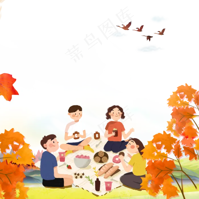 秋日郊游红色枫叶郊游野餐PNG图(2000X2000(DPI:300))psd模版下载