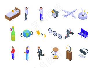 时差图标设置。用于在白色背景下隔离的网页设计的时差矢量图标的等距集