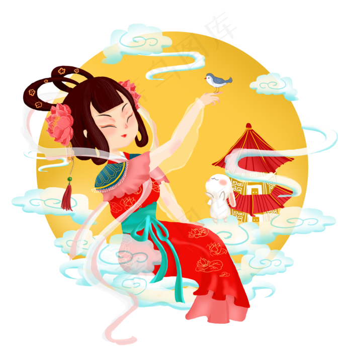 中秋节古典嫦娥逗鸟人物手绘卡通
