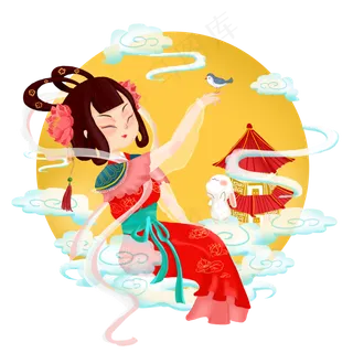 中秋节古典嫦娥逗鸟人物手绘卡通