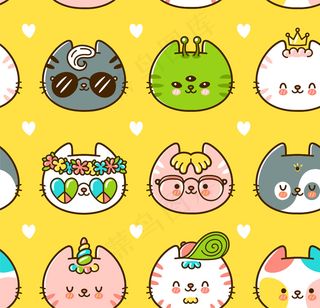 可爱的猫脸无缝模式。