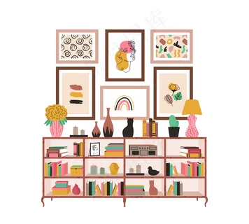 书柜里有书和室内植物，还有斯堪的纳维亚风格的图画