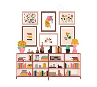 书柜里有书和室内植物，还有斯堪的纳维亚风格的图画