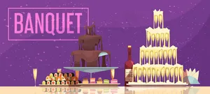 宴会横幅banner喜庆桌酒瓶和玻璃杯糖果和零食紫色背景