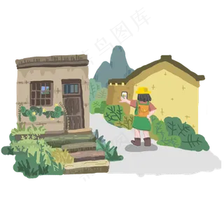 国庆出游暖色系卡通手绘女孩自拍