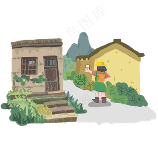 国庆出游暖色系卡通手绘女孩自拍