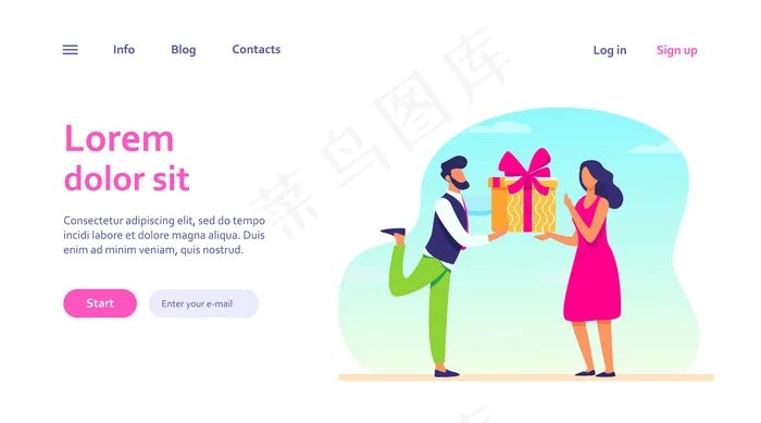 大胡子男人送礼物给惊讶的女人。礼物，男朋友，情侣网页模板。eps,ai矢量模版下载